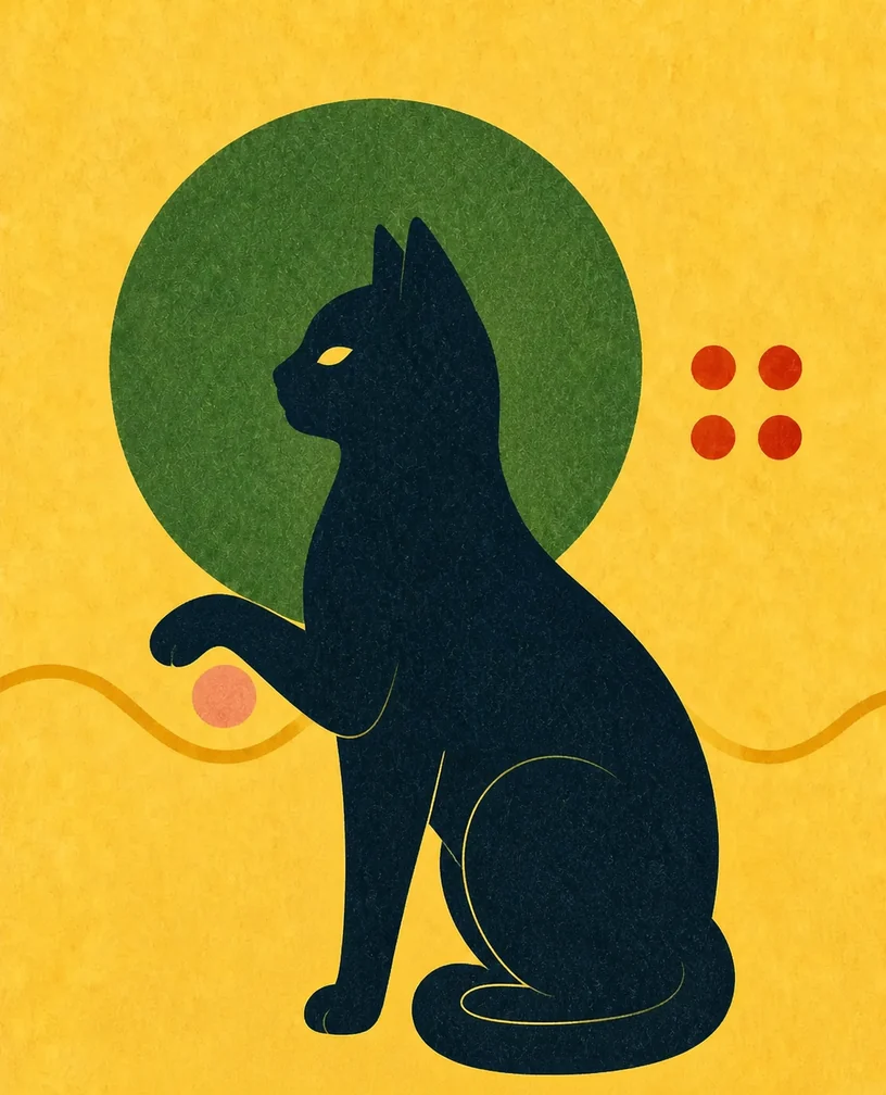 Abstract cut-paper portrait of a cat with orbital motifs
