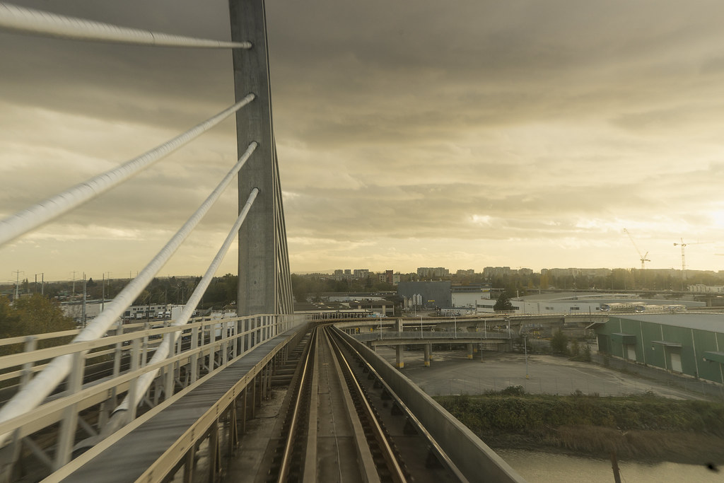 View down a monorail track at sunset