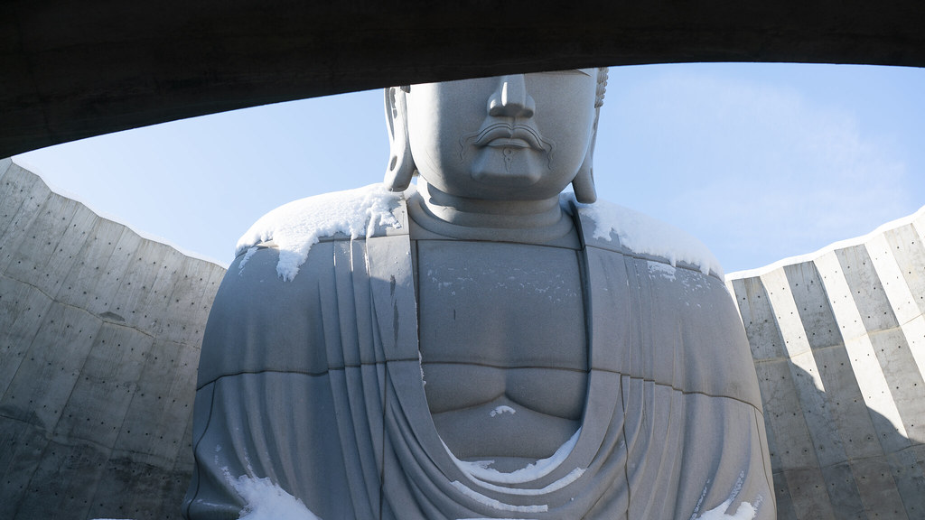 A giant Buddha statue seen from directly below against a winter sky